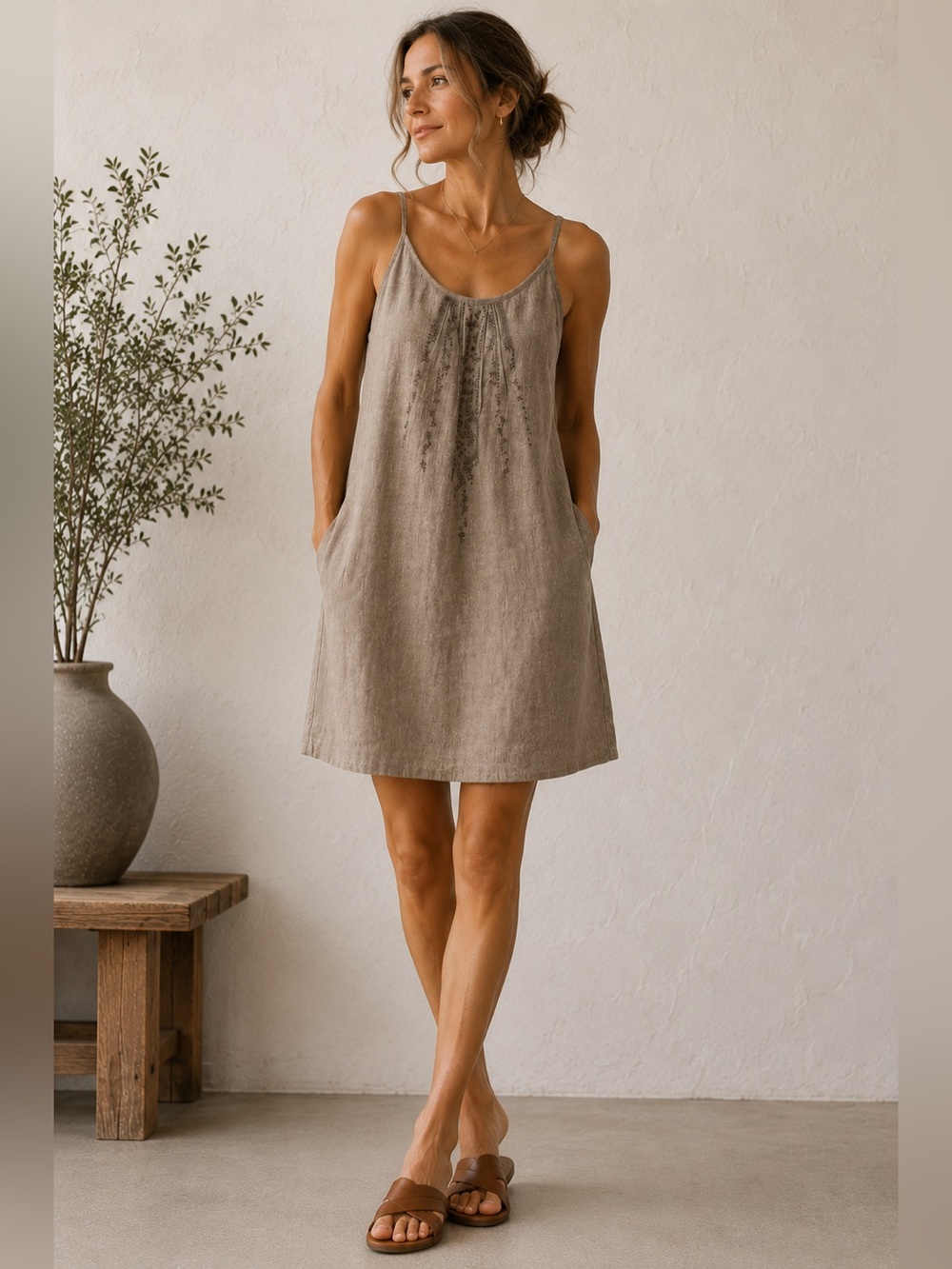 Eileen Fisher Beige Organic Linen Embroidered Cami Slip Dress A-line Pockets L